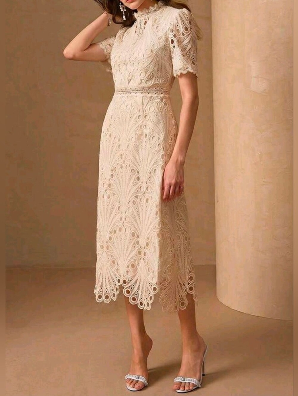 New Luxe Embroidered Sheer Scalloped Lace Midi Dress Short Sleeve Cream